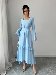 Elenzga 奢华女士晚礼服，拼布 AB 面料，荷叶边下摆，喇叭袖，系带腰部，连衣裙 - 藍色 - 查看 5