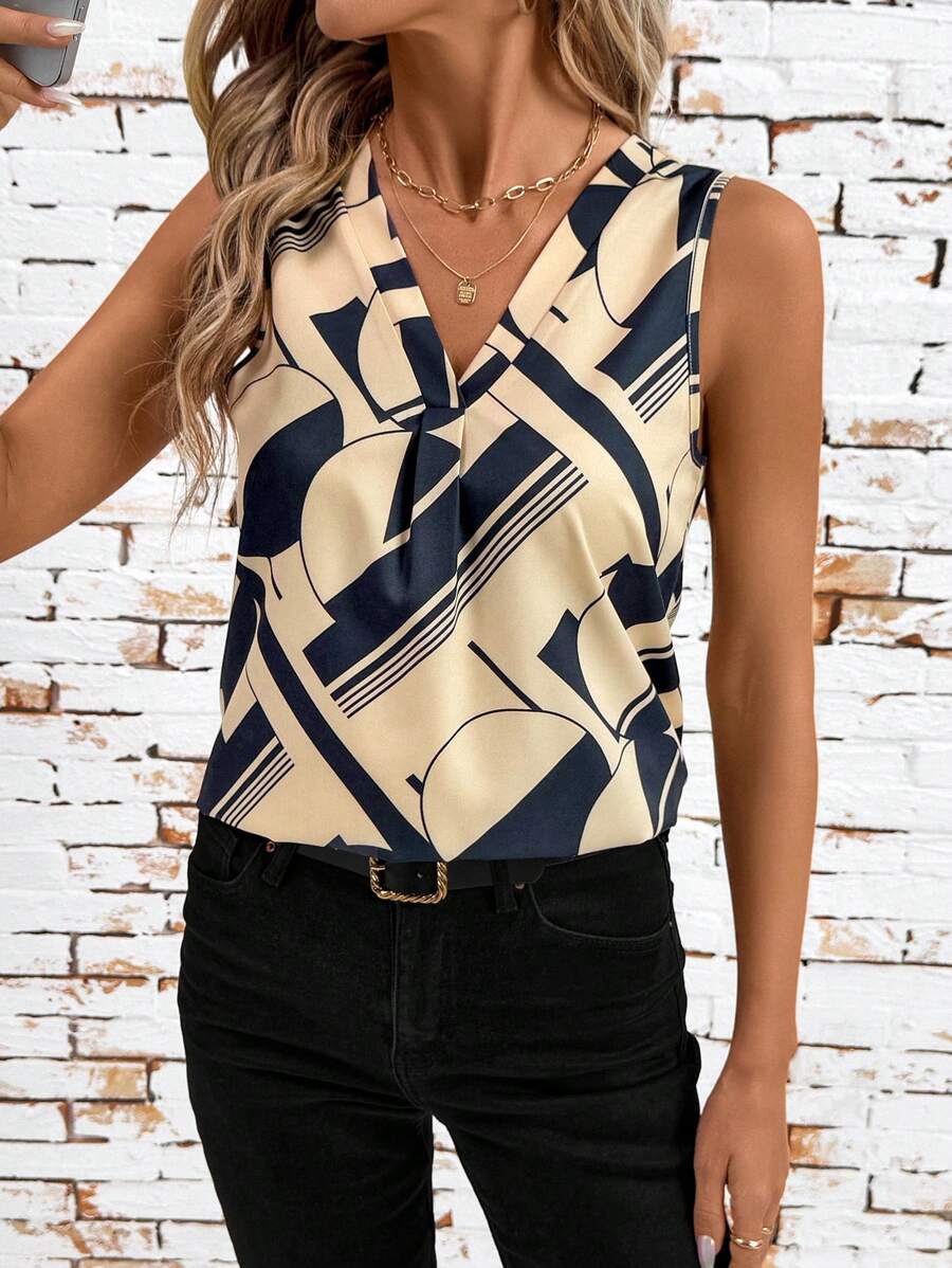 SHEIN Clasi Blouse décontractée imprimée sans manches col V pour femmes, pour les vacances - Nude - Voir 1