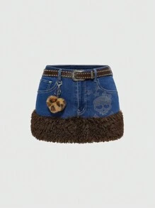 ROMWE J-Fashion Y2K Streetwear Rhinestone Skull & Star Pattern Distressed Sexy Mini Skirt With Belt For Women - Blue - View 1