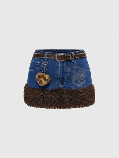 J-Fashion Y2K Streetwear Minikleid für Frauen mit Strass-Totenkopf- und Stern-Muster, zerstört, sexy, mit Gürtel