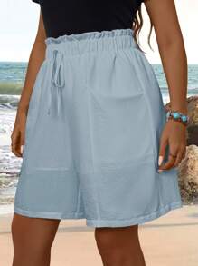 EMERY ROSE Plus Size Women's Summer White Doubledeck Paper Bag Waist Double Pocket Bandage Comfy Shorts,Vacation Outfits Woman,Boho For Women,Summer Outfits For Women/Summer - Baby Blue - View 4