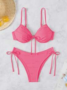 SHEIN Swim 2026 春夏紫红色特殊面料细肩带钢圈支撑蝴蝶结可爱甜美度假侧抽绳系带高腰下装女式两件套比基尼套装 - 玫紅色 - 查看 4