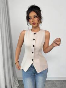 Selianne Old Money Style Solid Color Sleeveless Vest - Classic Front Opening Design, Simple And Versatile Commuting Casual Outerwear - Apricot - View 5