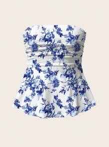 Sweetina Casual Minimalist All-Over Print Ruched Babydoll Tight Bandeau Top - White - View 1