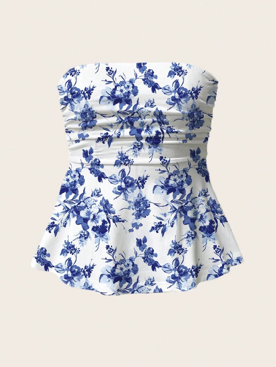 Sweetina Casual Minimalist All-Over Print Ruched Babydoll Tight Bandeau Top - White - View 1