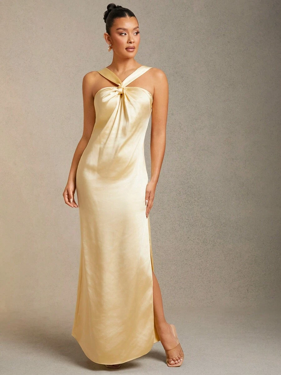 L'Amorae Twist Front Pastel Butter Yellow Satin Maxi Dress, Wedding Guest Dress, Formal Dress - Yellow - View 1