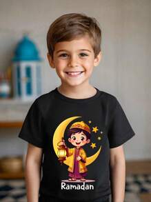 Young Boy Simple Casual Daily Round Neck Short Sleeve T-Shirt - Black - View 1