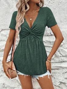 Breezaya 女士正面扭纹荷叶边短袖 V 领 T 恤