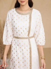 SHEIN Teen Girls Foil Fabric Gold Lace Trim Traditional Style Dress - White - View 3