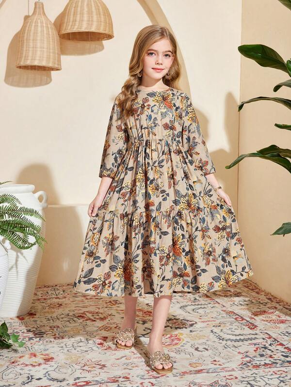SHEIN Tween Girl Vintage Print Loose Casual Round Neck 3/4 Sleeve A-Line Layered Dress