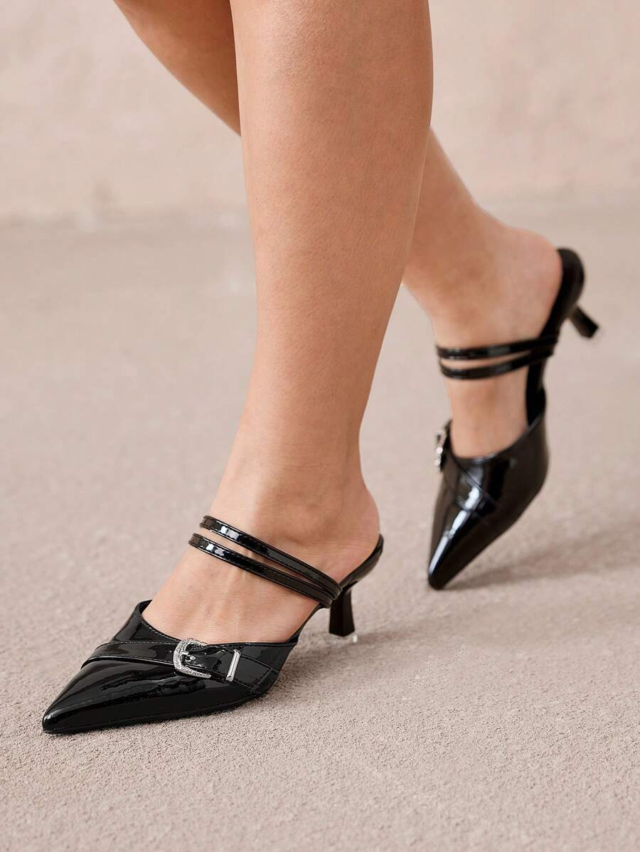CUCCOO CURVES Plus Size Wide Width Pointed Toe High Heel Pumps, Elegant Black PU Hollow Out Side Buckle Sandals, Suitable For All Seasons Valentine's Day - Black - View 1