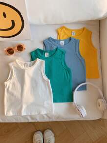 SHEIN 4pcs/Set Baby Boy & Girl Casual Crew Neck Short Sleeve Macaron Colored Knit Vest, Suitable For Spring/Summer Indoor And Outdoor Wear