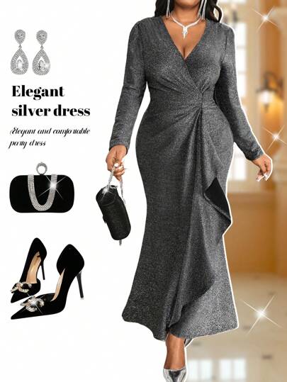 Fleurora 秋冬优雅复古工作婚礼酒会情人节新年派对闪亮亮片针织深 V 领水钻荷叶边新品紧身连衣裙大码连衣裙正式礼服舞会礼服