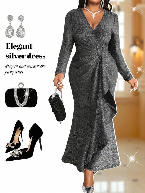 Fleurora Autumn And Winter Elegant Vintage Work Wedding Cocktail Party Valentine's Day New Year Party Sparkly Sequins Knitted Depp V Neck Rhinestone Flounce New Product Bodycon Dress Plus Size Dresses Formal Dress Prom Dress