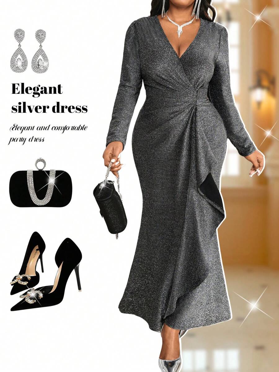 Vestido ajustado de gala con escote de pico profundo, de lentejuelas de punto elegante y vintage, para bodas, fiestas de cóctel, San Valentín, Año Nuevo, con volantes de pedrería, tallas grandes, vestido formal y de graduación