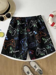 SHEIN 青少年男孩休闲百搭电子游戏图案印花紧身短裤、沙滩裤/泳裤 - 彩色 - 查看 2