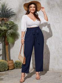 SHEIN Clasi Plus Size Women Solid Color High Waist Cone Shaped Pants, Casual Vacation Style - Navy Blue - View 4