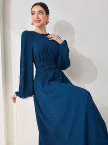 Veilorie Vestido maxi modesto de unicolor con cuello redondo y manga larga, estilo minimalista y casual para mujer