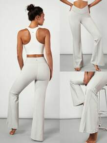 GLOWMODE 31" FeatherFit™ Crossover Waist Mega Flared Leggings Pants Low Impact Yoga Daily - Light Grey - View 9