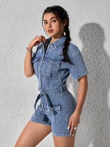 SHEIN EZwear 女式前扣短袖口袋休闲牛仔连身裤 - 中等水洗藍 - 查看 7