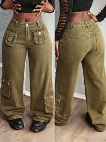 SHEIN Slayr Women's Utility Pocket Low Waist Straight Leg Jeans - Olive Green - View 1