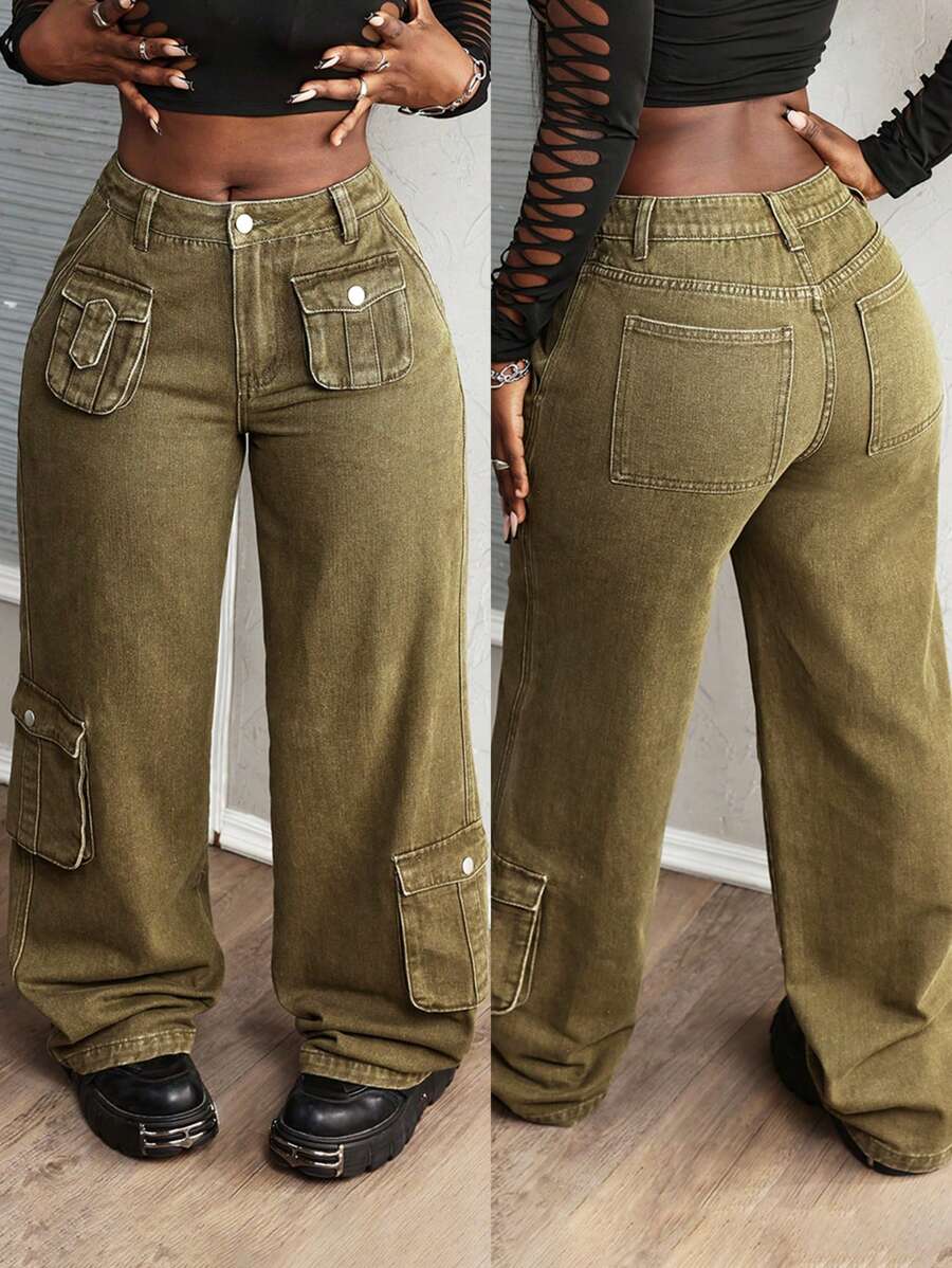 SHEIN Slayr Women's Utility Pocket Low Waist Straight Leg Jeans - Olive Green - View 1