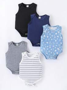 SHEIN 5pcs/Pack Baby Boys' Comfortable Casual Multi-Color Knit Romper, Summer
