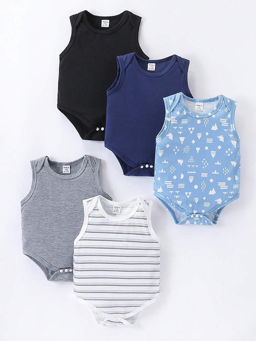 SHEIN 5pcs/Pack Baby Boys' Comfortable Casual Multi-Color Knit Romper, Summer