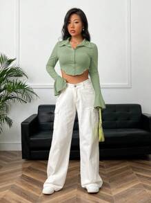 Muchica Women's Solid Color Front Button Long Sleeve Casual Cropped Knit Shirt - Mint Green - View 7