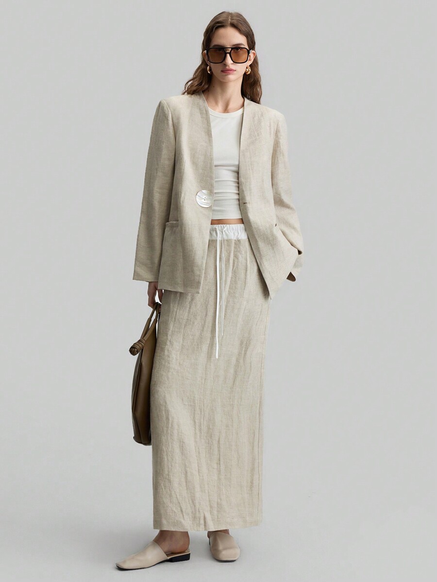 Ontre Saia Casual Praia ALine com Cordão, Recorte na Cintura, Branca e