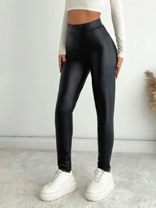 EURMUSE Women Solid Color PU Mid Waist Skinny Leggings - Black - View 1