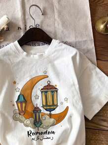 SHEIN Leap Crew Tween Boy Simple Casual Ramadan Print Short Sleeve Crew Neck T-Shirt, Suitable For Summer - White - View 2