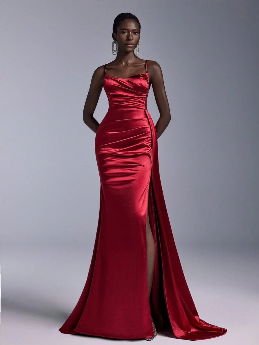 Elitara 奢华性感蕾丝撞色礼服，高开叉拖尾鱼尾裙，晚会礼服，婚礼宾客礼服，正式礼服 - 酒紅色 - 查看 1
