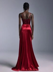 Elitara 奢华性感蕾丝撞色礼服，高开叉拖尾鱼尾裙，晚会礼服，婚礼宾客礼服，正式礼服 - 酒紅色 - 查看 7