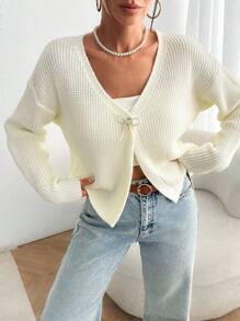 SHEIN Tall White Cardigan With Bow Women Knitwear,Long Cardigans Woman,Petite Cardigans,Cardigans - White - View 1