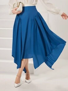 Modelyn Asymmetrical Hem Solid Color Women Casual Daily Wear A-Line Blue Skirt, Minimalist Fashion