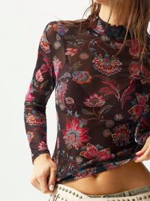 Bohemela Women Floral Print Long Sleeve Mesh Cropped Top - Black - View 7