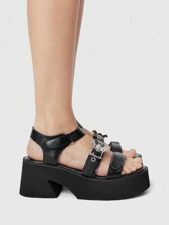 Grunge Punk Damen Punk Stil runde Zehenkappe Keilabsatz Römersandalen, schwarzes PU Leder Mehrfachriemen Design, geeignet für Abschlussfotos und Arbeit