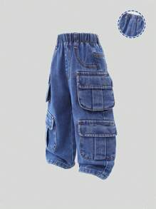 Denimly 中性婴儿都市街头休闲日常时尚全年必备多口袋宽腿牛仔裤，全松紧腰带和前纽扣闭合。前口袋和侧翻盖贴袋。 - 中等水洗藍 - 查看 4