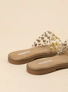 Styleloop New Women Outdoor Casual Flat Sandals, Square Toe Crystal Embellished, Comfortable Party/Commute, Summer, Thick Sole Non-Slip Sandals - Clear - View 6