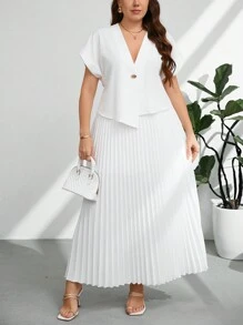 Firerie 2pcs/Set Plus Size Solid Color Front Button Short Sleeve Blouse And Skirt Suit - White - View 6