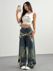 SHEIN EZwear Fashionable Contrast Color Block Star Pattern Frayed Hem Wide Leg Jeans - Dark Wash - View 6