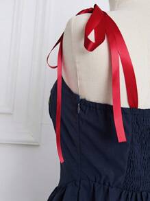 SHEIN Unity 女士纯色休闲度假日常刺绣抽绳连衣裙，春夏 - 藏蓝色 - 查看 4