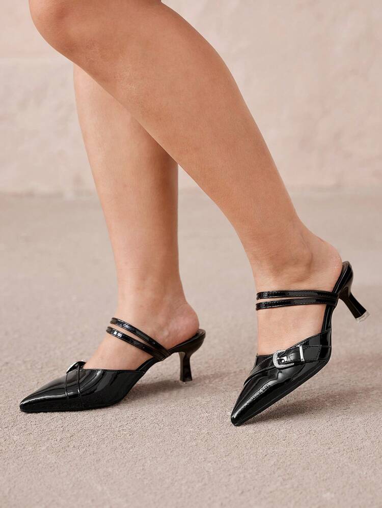 CUCCOO CURVES Plus Size Wide Width Pointed Toe High Heel Pumps, Elegant Black PU Hollow Out Side Buckle Sandals, Suitable For All Seasons Valentine's Day