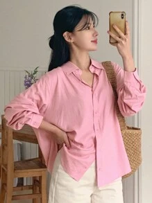 DAZY Camisa básica con cuello vuelto y corte holgado para mujer, color rosa