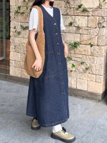 FRIFUL 女式海军蓝牛仔背带连衣裙，长款休闲牛仔连衣裙，适合夏季太阳裙