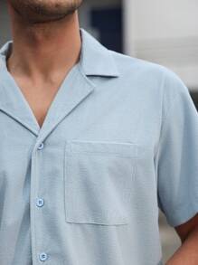 Manfinity CasualCool Camisa casual de manga corta de un solo bolsillo y solapa para hombre, de unicolor