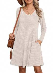 Women's Solid V-Neck Long Sleeve Ribbed Casual Mini Dress Fall Cloth For Women - Apricot - View 1