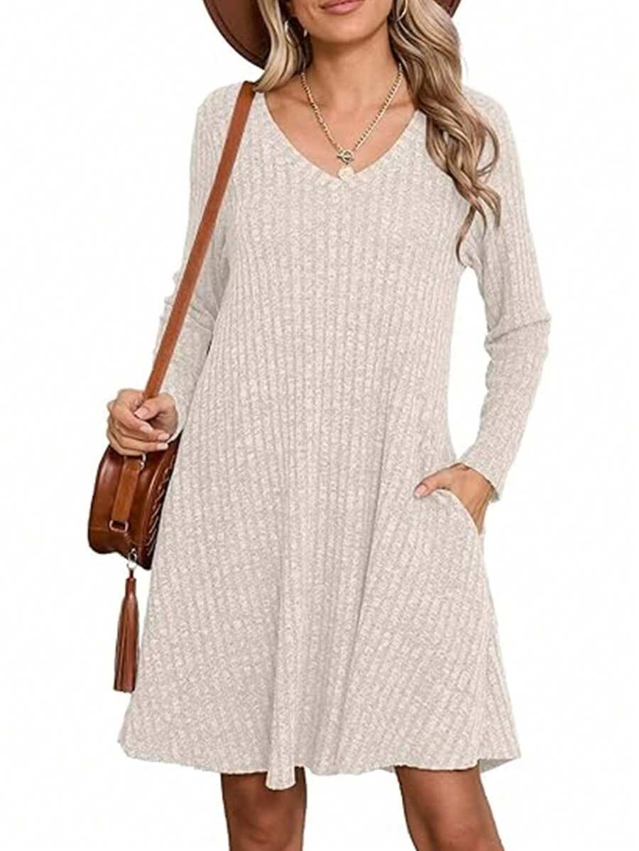 Women's Solid V-Neck Long Sleeve Ribbed Casual Mini Dress Fall Cloth For Women - Apricot - View 1