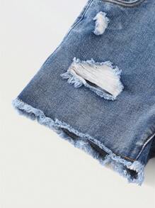 Tween Girl Street-Style Casual Y2K Denim Dungaree Shorts With Ripped Design For Campus, Summer Fashion, Versatile Daily Wear, Spring/Summer 2025 New Arrival